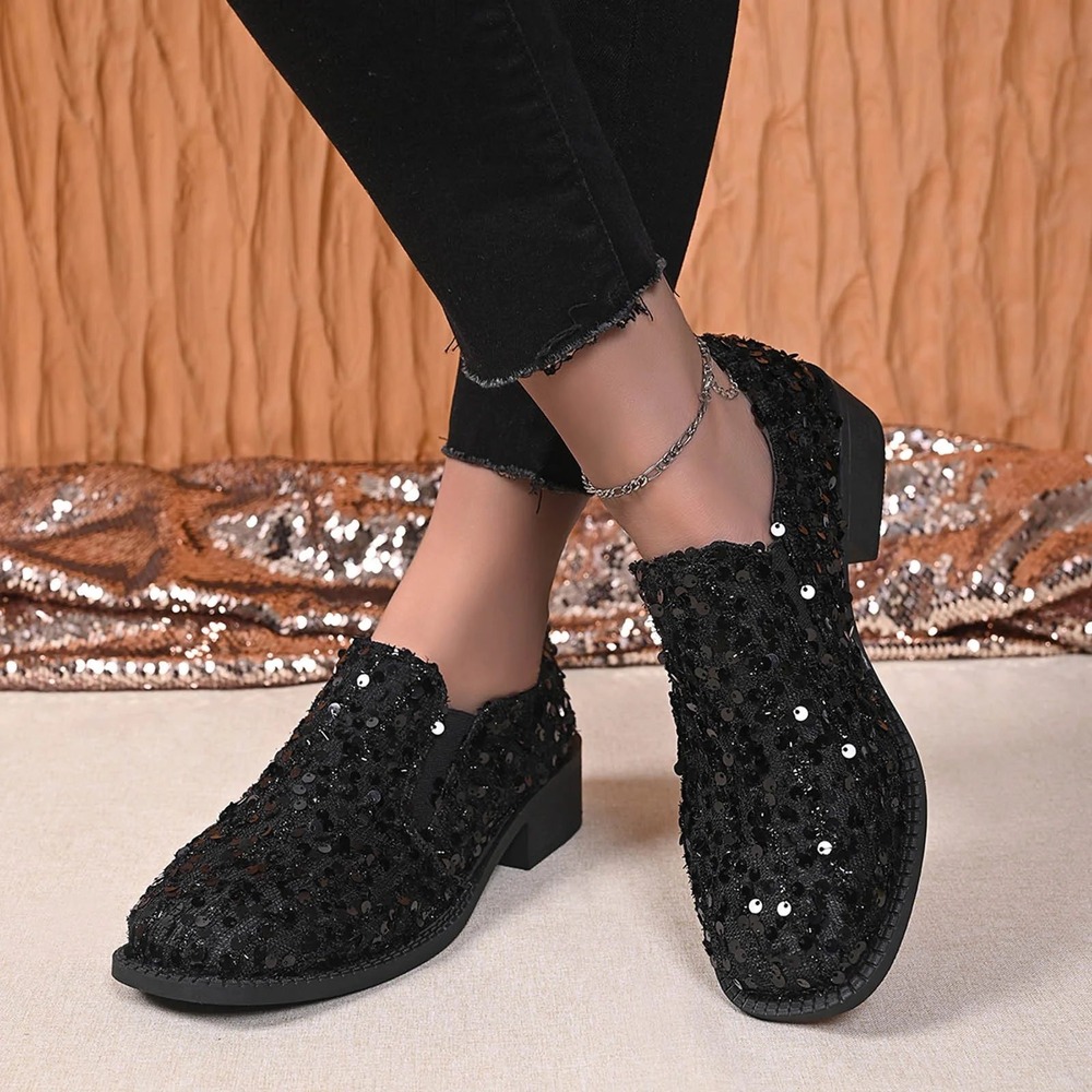 Womens Black Sequin Loafers Slip On Sparkly Evening Party Dress Shoes Square Toe